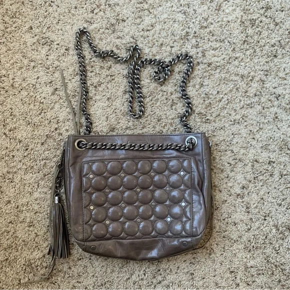 Rebecca Minkoff Grey/Taupe Leather Metal Chain Strap Tassel Detail Small Bag - Picture 2 of 11